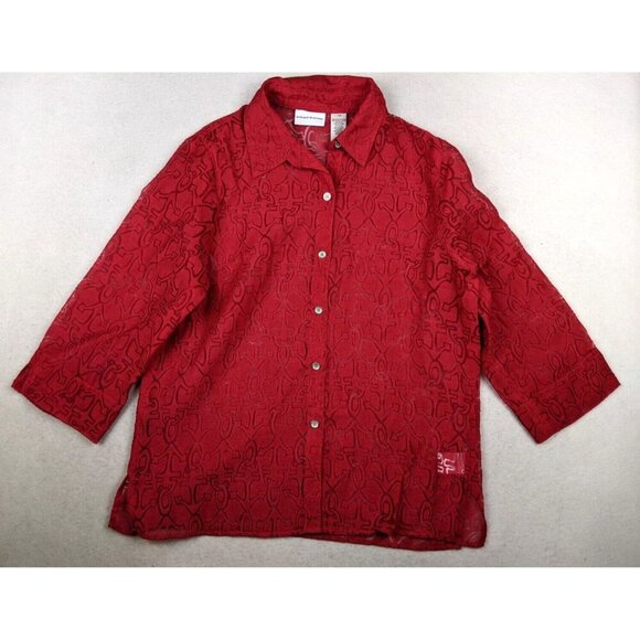 ALFRED DUNNER - WOMEN'S SHEER RED 3/4 SLEEVE BUTTON-UP TOP - SIZE 12 - Picture 2 of 6